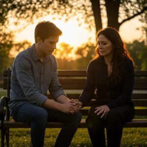 Duas pessoas se perdoando ao pôr do sol, simbolizando cura emocional e libertação do passado. 