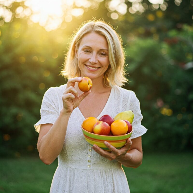Mulher feliz segurando frutas frescas com pele jovem e saudável em meio à natureza.