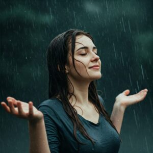  Mulher de olhos fechados na chuva, de braços abertos, simbolizando a aceitação e a coragem na vulnerabilidade. 