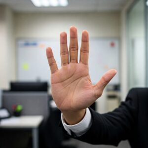 "Mão fazendo gesto de 'pare' em ambiente de trabalho, representando a importância de estabelecer limites.