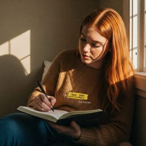 Mulher escrevendo em um caderno com um versículo bíblico, refletindo sobre seu propósito de vida. 
