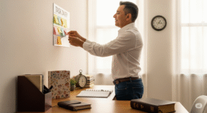 Homem organizando tarefas com foco e fé — estratégias contra a procrastinação
