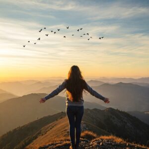 Mulher de braços abertos no topo da montanha ao nascer do sol simbolizando libertação do passado e recomeço com fé e propósito. 
