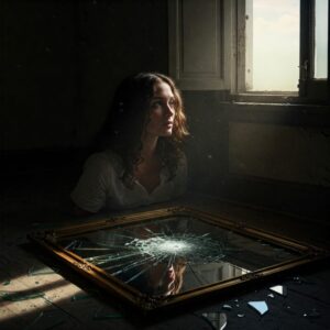 Reflexo de mulher em espelho quebrado com luz ao fundo simbolizando libertação do passado e esperança de recomeço. 