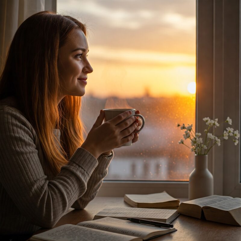 Mulher contemplando o amanhecer, refletindo sobre o poder do recomeço com fé e esperança.