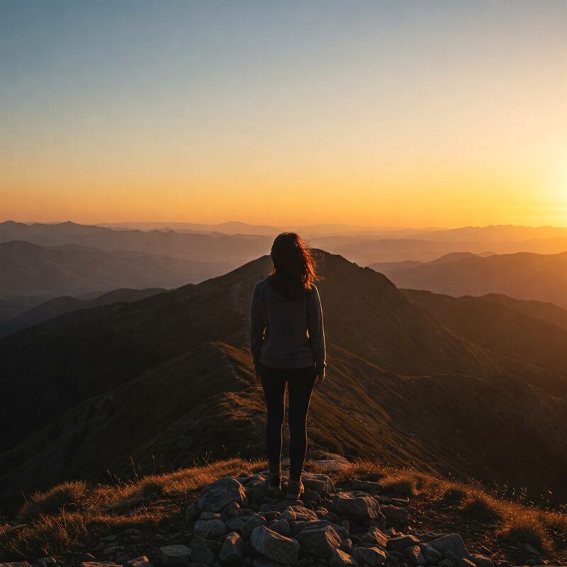 "Pessoa no topo de uma montanha ao amanhecer, simbolizando crescimento, novas oportunidades e o poder do aprendizado contínuo." Representando: Como Desenvolver Novas Habilidades e Transformar Sua Vida na Prática Cristã