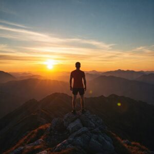 Homem no topo da montanha, apreciando o por do sol. Representando: Como Desenvolver Novas Habilidades e Transformar Sua Vida na Prática 