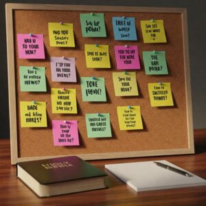 Mesa de trabalho com post-its motivacionais, uma Bíblia e um caderno de anotações. 