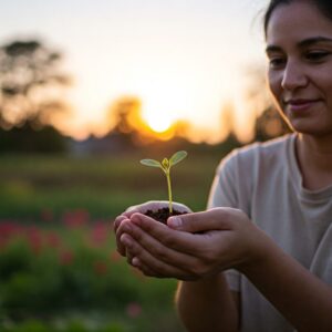 Mulher segurando uma semente germinando. Vulnerabilidade é Coragem.