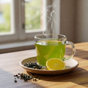 Xícara de chá verde com vapor e folhas frescas, bebida antioxidante para a pele.