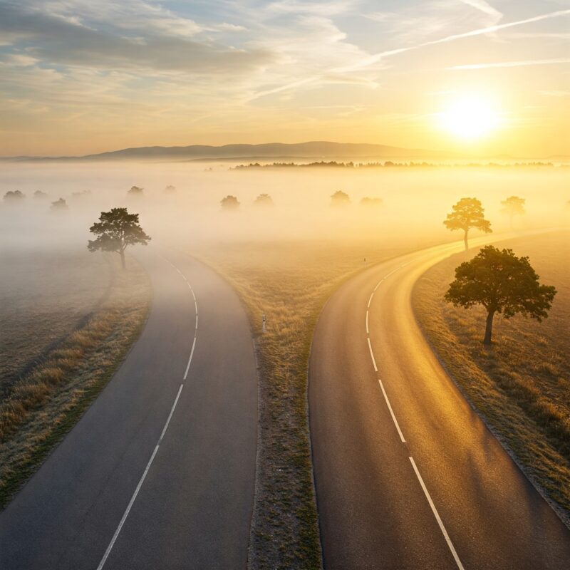 Estrada bifurcada representando a escolha entre viver no piloto automático ou assumir o controle da própria vida.