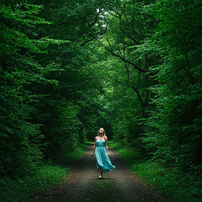 Uma mulher num caminho, cheio de árvore, Buscando a transformação da sua vida