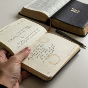 Caderno com desabafos e Bíblia aberta, simbolizando o primeiro passo para enfrentar as feridas do passado com fé. 