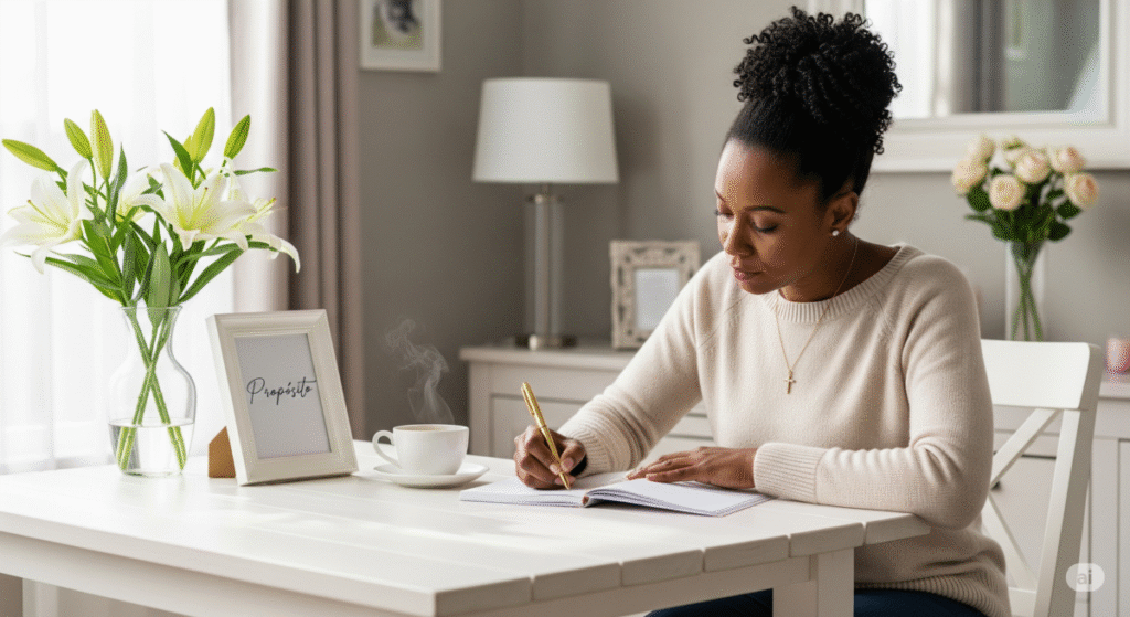 Mulher escrevendo com foco em ambiente calmo e cristão — estratégias para combater a procrastinação