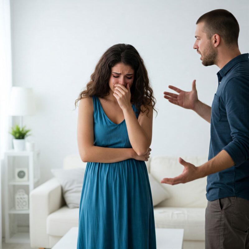 Casal, homem gritando com a mulher. Relacionamento abusivo em casa.