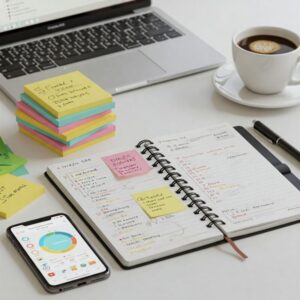"Mesa com post-its, cadernos e lembretes visuais, representando dicas para manter hábitos diários."