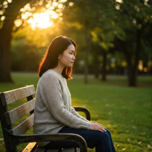  "Pessoa contemplativa em um parque, refletindo sobre a busca por equilíbrio e aceitação." 