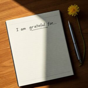 Caderno aberto em uma mesa, com uma frase de gratidão escrita e uma flor ao lado. 