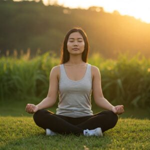 "Pessoa meditando ao ar livre em meio à natureza, representando a desconexão digital e a recarga de energias." 
