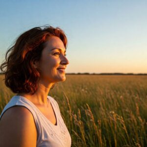  "Pessoa sorrindo e olhando para o horizonte em ambiente natural sereno, representando a renovação de energias e transformação pessoal." 