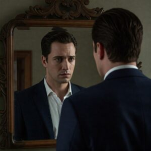 Homem olhando para seu próprio reflexo no espelho com incerteza, simbolizando o medo da vulnerabilidade. 
