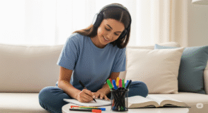 Mulher jovem anotando passos práticos em um caderno de metas, com Bíblia aberta ao lado. Representa a aplicação na rotina