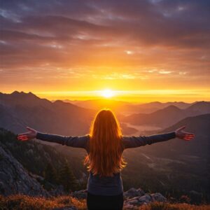 "Pessoa no topo da montanha ao amanhecer, simbolizando uma nova perspectiva e um futuro promissor." 