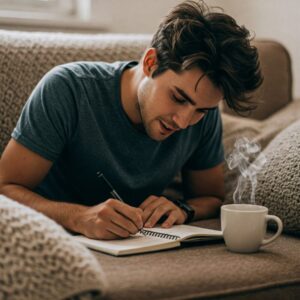 "Pessoa escrevendo metas em um caderno em um ambiente acolhedor, representando estratégias práticas contra o perfeccionismo."