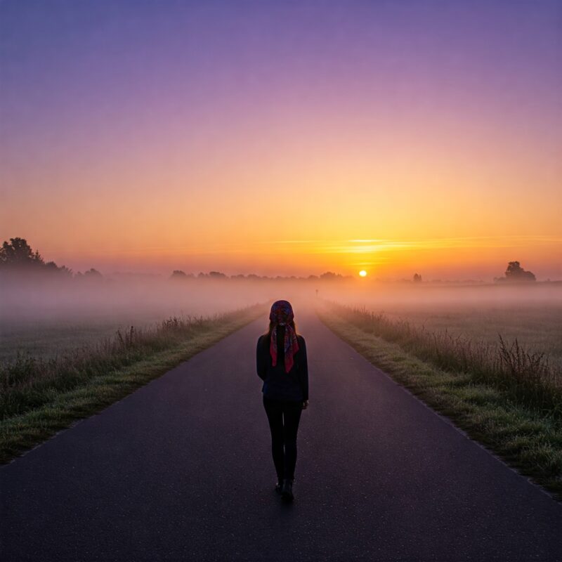 Pessoa parada em uma estrada ao amanhecer, simbolizando a jornada de mudança de mentalidade e novos começos.