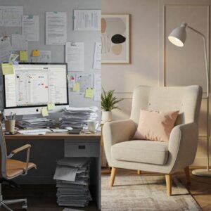  "Mesa de trabalho caótica contrastando com uma área de descanso tranquila, representando as causas e impactos do burnout." 