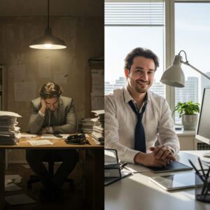  "Antes e depois de um homem em seu local de trabalho, representando transformação por meio da mudança de mentalidade." 