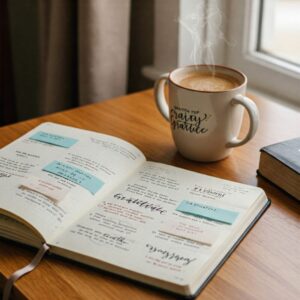  Caderno de gratidão ao lado de uma Bíblia e uma xícara de café, representando um momento de reflexão. 
