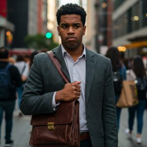 "Pessoa com expressão ambivalente em cenário urbano, simbolizando os impactos e desafios da síndrome do impostor."