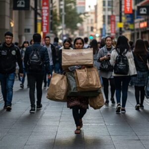 Mulher com diversas sacolas caminhando apressada em uma rua movimentada, representando desafios diários. 