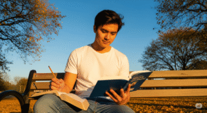 Homem o jovem sentado no num parque com expressão leve, organizando metas no celular ao lado da Bíblia. A imagem representa a clareza, o equilíbrio e o progresso.