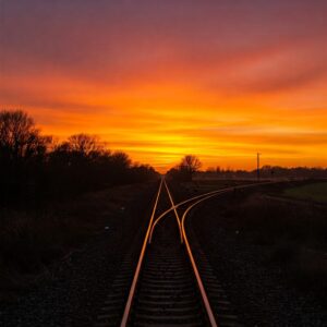 Dois trilhos de trem que se bifurcam em um pôr do sol, simbolizando as incertezas e diferentes caminhos da vida. 