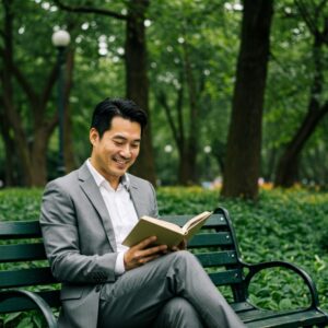  "Pessoa lendo livro feliz em um parque, representando a desconexão digital e a valorização da natureza." 