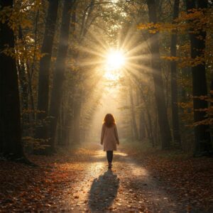 Mulher caminhando por uma trilha com luz ao fundo, simbolizando o recomeço e a jornada interior. 