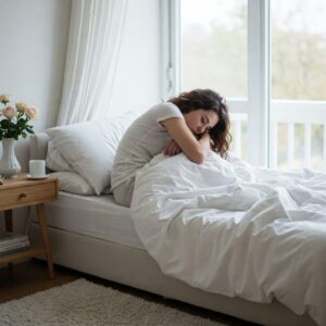 Mulher não consegue sair da cama, deprimida. Um dos sintomas da depressão. Consequência de relacionamento abusivo em casa.
