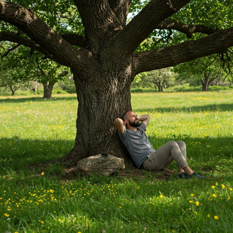 "Pessoa descansando sob uma árvore em ambiente natural, deixando o smartphone de lado para recarregar energias."