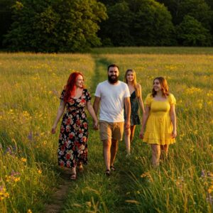  "Grupo de amigos caminhando em um cenário natural vibrante, simbolizando os benefícios da conexão com a natureza." 
