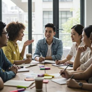 "Grupo de pessoas interagindo em um workshop, representando estratégias práticas para melhorar a autoestima." 