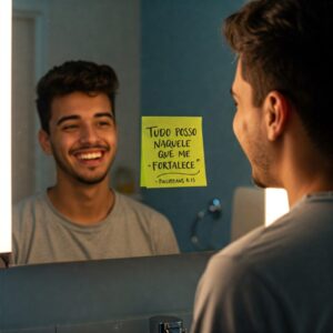  Post-it com versículo bíblico em um espelho, reforçando uma mentalidade positiva. 