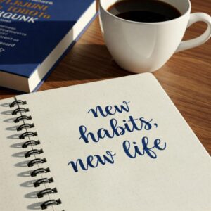  "Caderno aberto com a frase 'Novos hábitos, nova vida', representando a importância de cultivar hábitos positivos." 