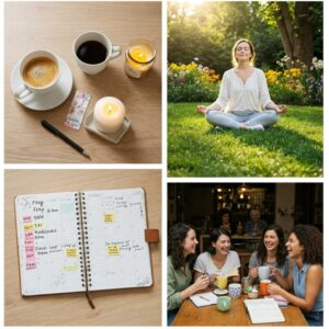 Composição de quatro imagens: café e bloco de notas, mulher meditando no jardim, planner com metas coloridas e grupo de amigas sorrindo. A imagem representa os cinco passos práticos para desenvolver a autovalorização com coragem, equilíbrio e fé.