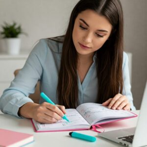 Uma pessoa anotando metas em um planner, com um marcador colorido destacando o progresso feito, mostrando foco e organização. Representando: Persistir e resistir.