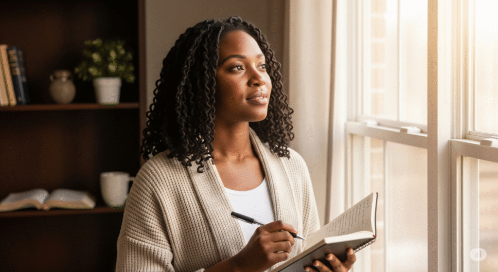 Mulher negra adulta em pé junto à janela aberta, segurando um caderno e olhando para fora com expressão de propósito. Imagem representa O Poder da Autorresponsabilidade como ferramenta de transformação pessoal com fé.