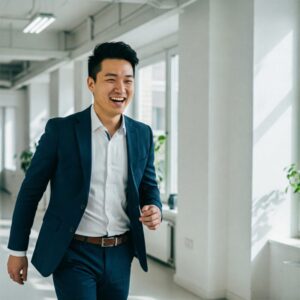 Profissional sorridente em ambiente moderno, simbolizando o início de uma jornada de alta performance."