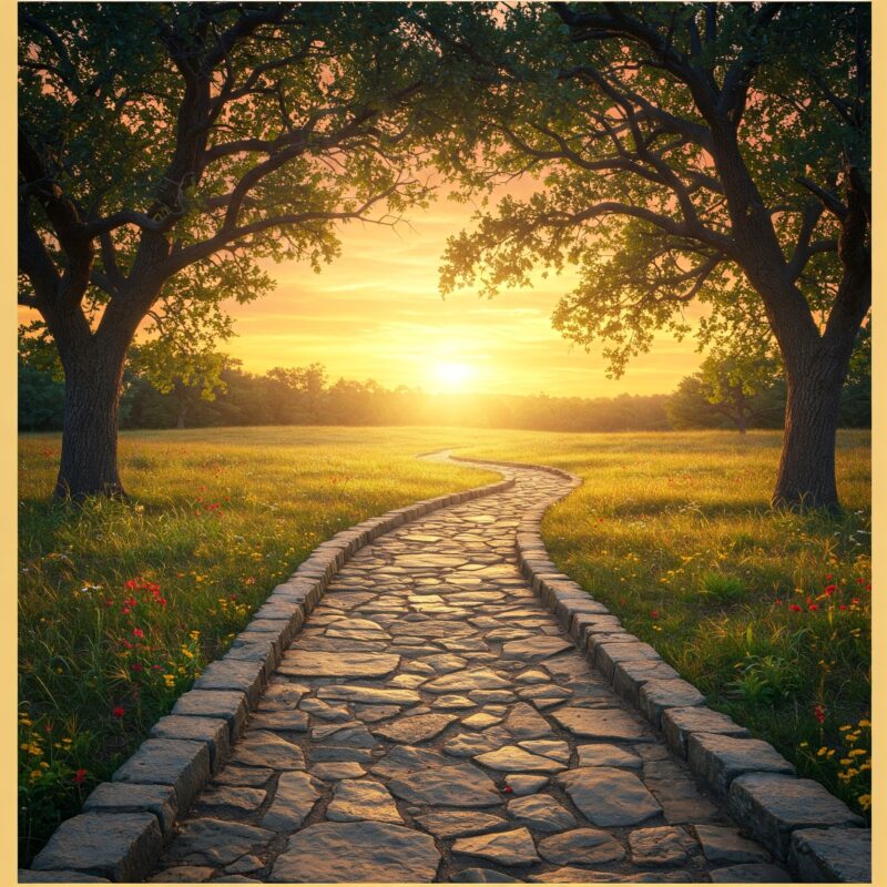 "Caminho de pedras levando a um horizonte brilhante, simbolizando pequenos hábitos e grandes resultados."