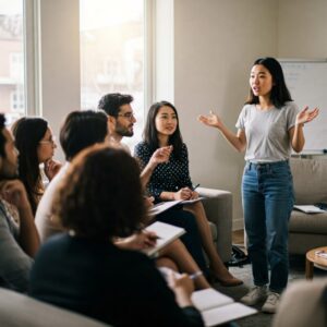 "Pessoa destacando suas ideias em uma reunião, representando estratégias para desenvolver a assertividade."